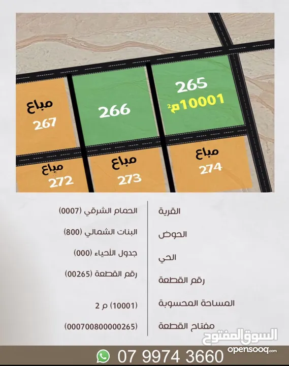 ارض للبيع علاطريق المطار الحمام الشرقي مساحه 10دونم بسعر7000ديناركامل القطعه قوشان مستقل مربعت الشكل