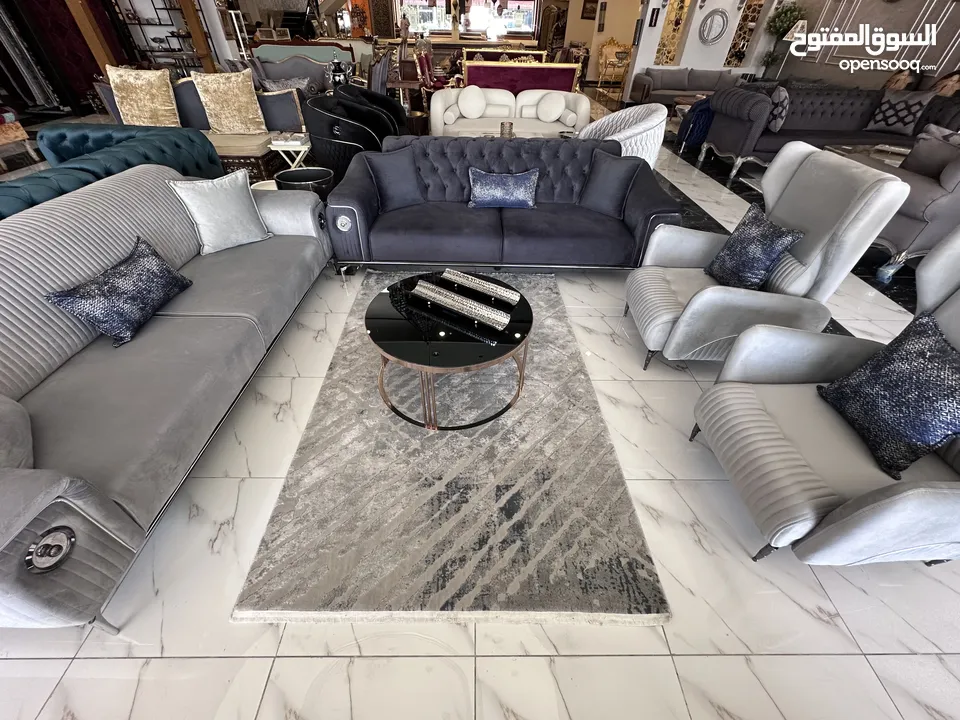 Elegant Turkish Sofa Set - 2 Three-Seater Sofas + 2 Armchairs, Grey & Navy Blue