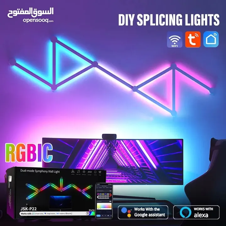 مصباح حائط ذكي بتقنية WIFI LED مصباح إضاءة RGBIC شريط إضاءة ليلي سهل الاستخدام تطبيق موسيقى إيقاع غر