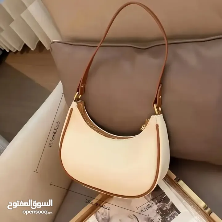 حقيبة يد فرنسية فاخرة - تصميم نصف قمر بسحاب عملي – لون بيج أنيق