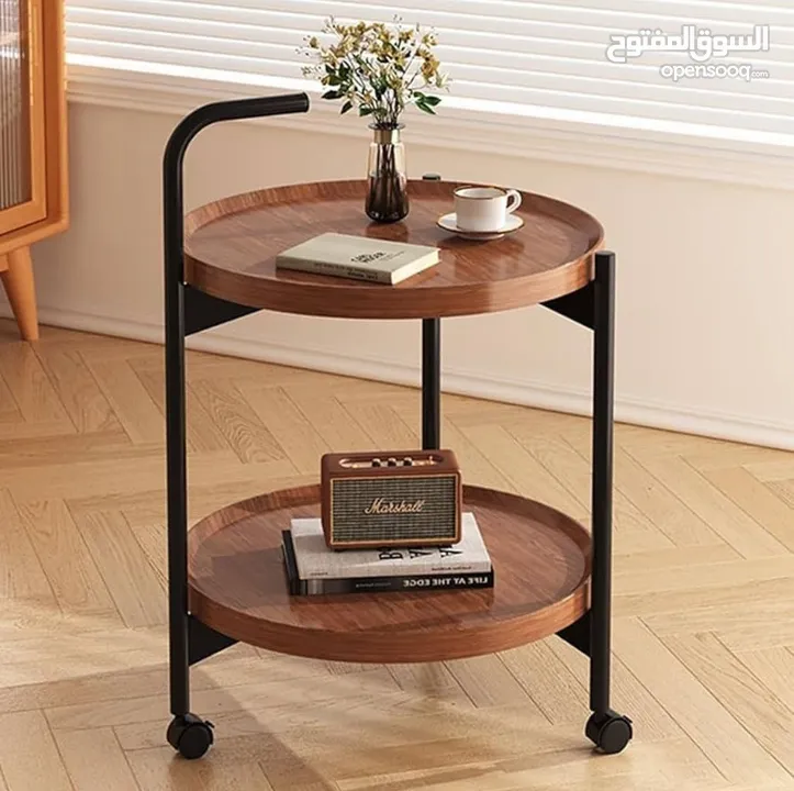 طاولة جانبية متحركة مع بكرات – طاولة قهوة دائرية  طاولة قهوة صغيرة بعربة من طبقتين بتصميم
