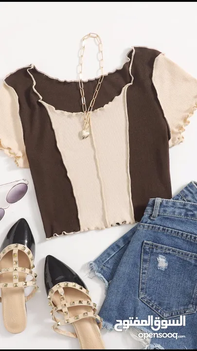 Brown and beige colorblock crop top