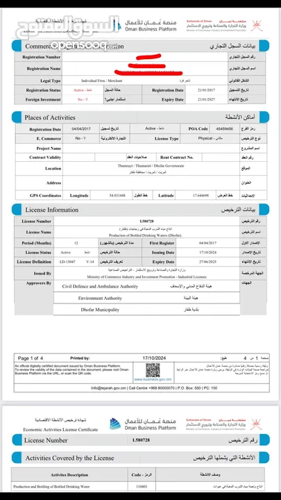 ترخيص مصنع مياه للبيع