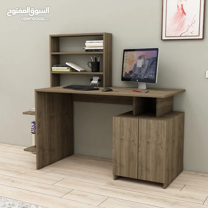 مكتب مع خزانة ورفوف بتصميم مميز مع إمكانية تغيير اللون والاتجاه