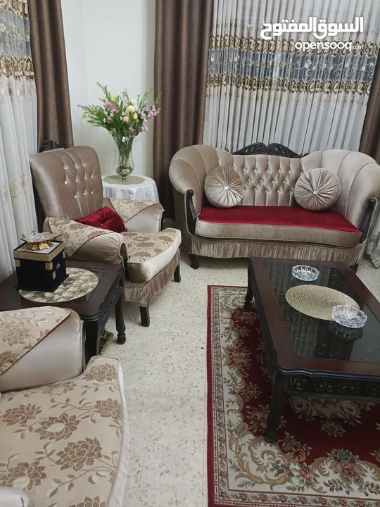 طقم كنب زان بالكامل داخلي خارجي قماش جاكار امريكي طقم استيراد كامل متحرك وجهين خمري و جاكار