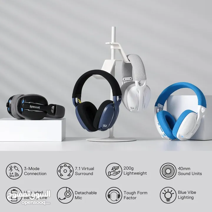 Redragon H878 3-Mode Wireless Blue Lighting Gaming Headset - Lightweight - 7.1 Surround Sound