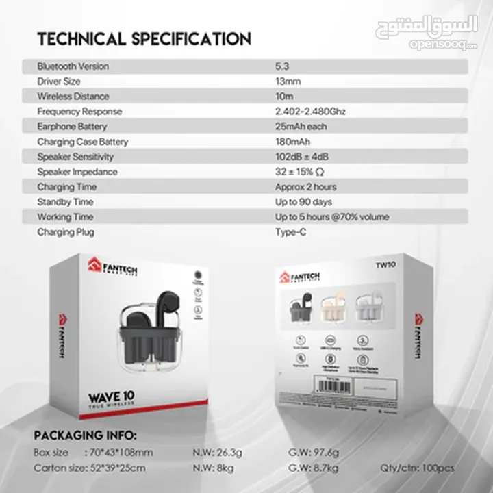 سماعات فانتيك اصلي بلوتوث Fantech TWS Bluetooth Wireless Wave 10 TW10 Built-in Microphone