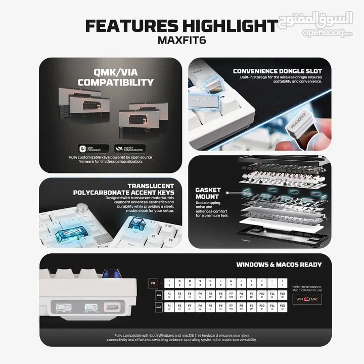 FANTECH MK920 MAXFIT6 Wireless Mechanical Gaming Keyboard - White (ARGB TRI-MODE CONNECTION) كيبورد