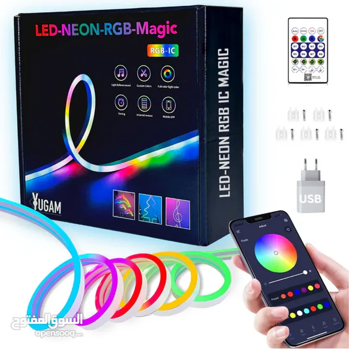 شريط إضاءة LED ذكي بتقنية البلوتوث نيونRGB متحركة   5M من YUGAM DC5V كفالة لمدة سنة