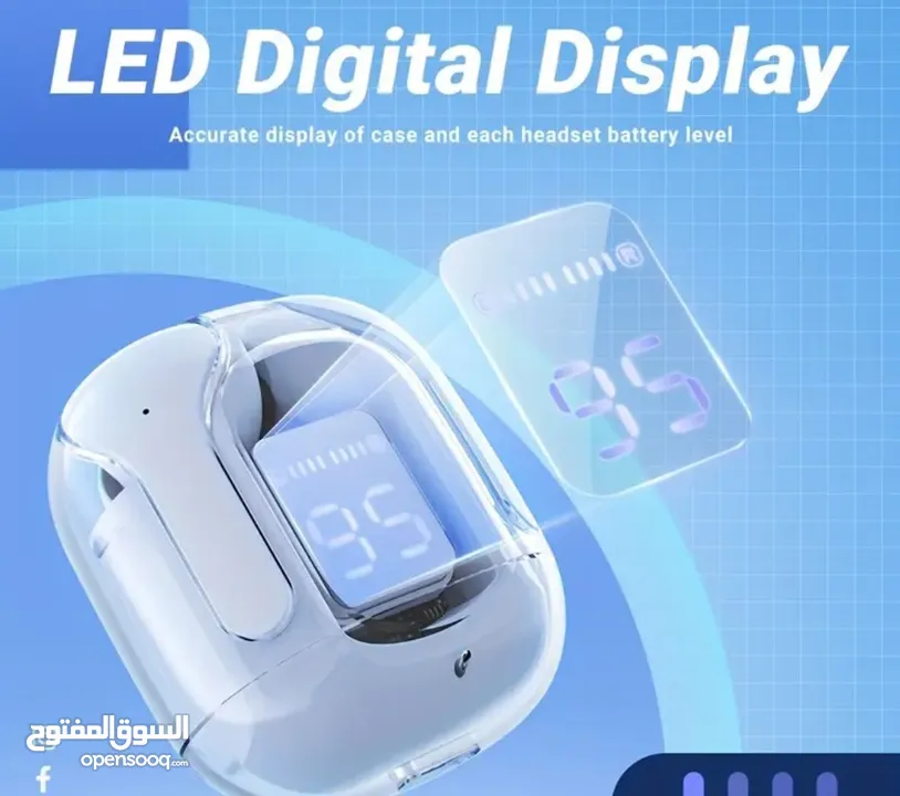 سماعات أذن لاسلكية صغيرة TWS MINI - تصميم شفاف مع شاشة LED، ميكروفون لتقليل الضوضاء، بطارية ليثيوم ق
