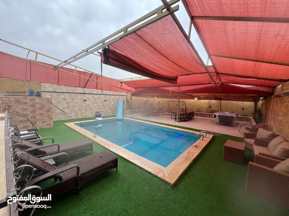 شاليه و مزرعه للايجار بالغور 50 دينار مسبح مدفأ 4*8 بدون عربون مع بلياردو و ترامبولين