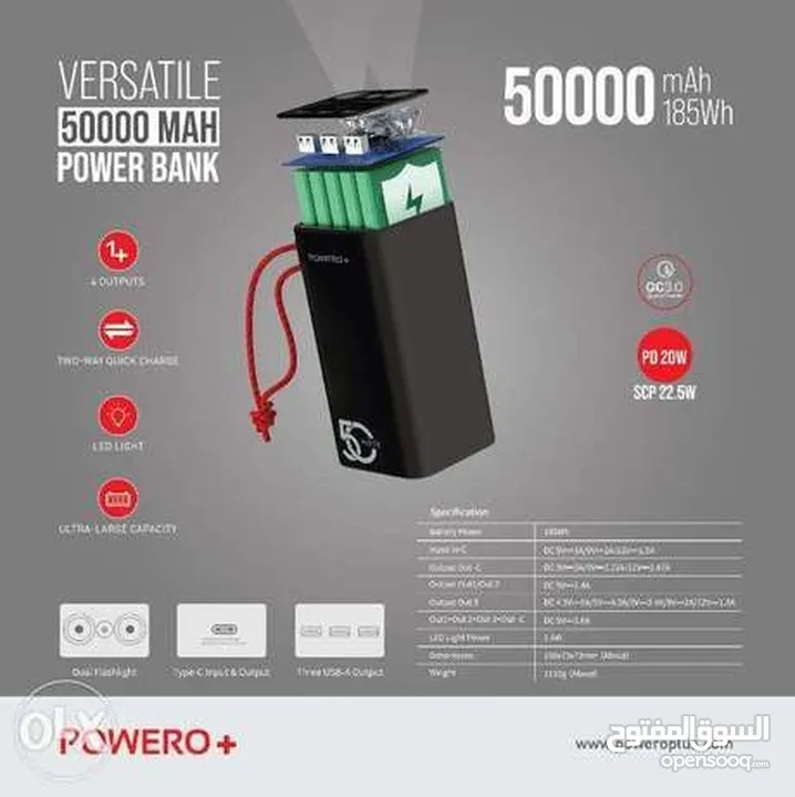 Powero + Versatile 50000 mAh Power Bank PD20W  Powero+ باور بانك متعدد الاستخدامات بسعة 50000 مللي أ