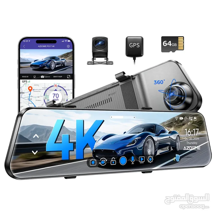 AZDOME PG17 12" WiFi Mirror Dash Cam 4K Front and 1080P Rear View Mirror Camera