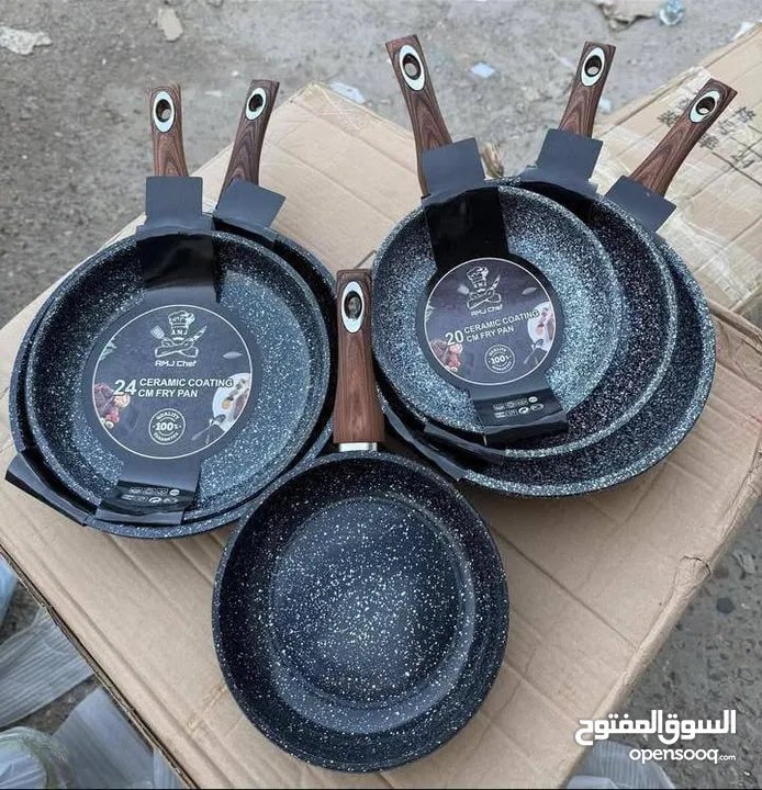 طقم مقالي ايد خشب دايموند مبزر جرانيت ثقيل ايد سوداء عدد 6 قطع