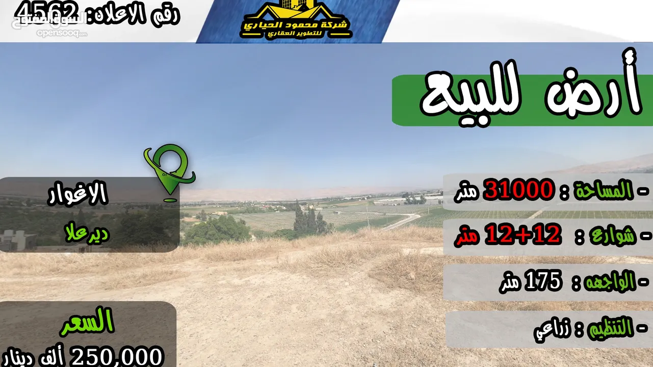 رقم الاعلان (4562) ارض زراعية استثمارية للبيع في منطقة ديرعلا