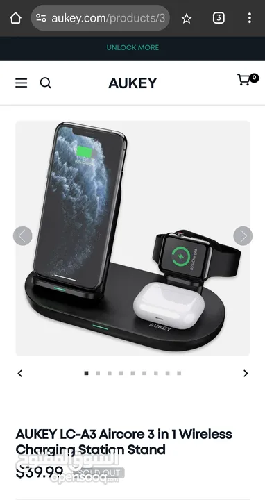 شاحن لاسلكي جديد غير مستخدم  Aukey 3-in-1 Wireless Charging Station, Black, LC-A3