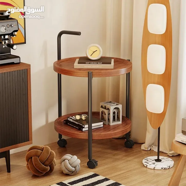 طاولة جانبية متحركة مع بكرات – طاولة قهوة دائرية  طاولة قهوة صغيرة بعربة من طبقتين بتصميم