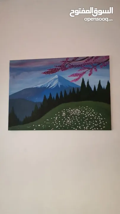 لوحة جبلية فنية بألوان هادئة – رسم يدوي مميز - رسم لوحات