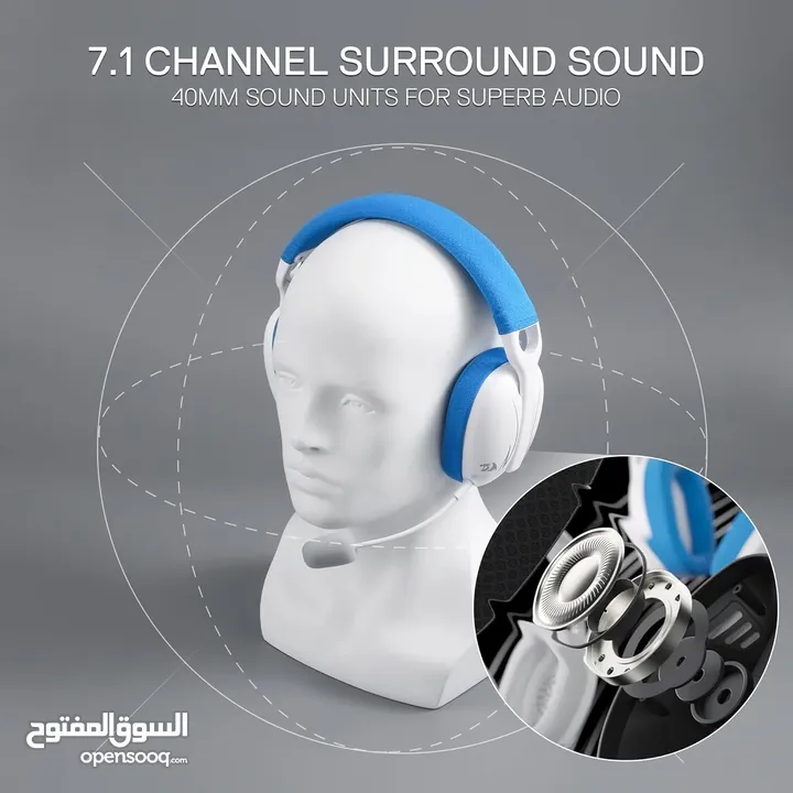 Redragon H878 3-Mode Wireless Blue Lighting Gaming Headset - Lightweight - 7.1 Surround Sound