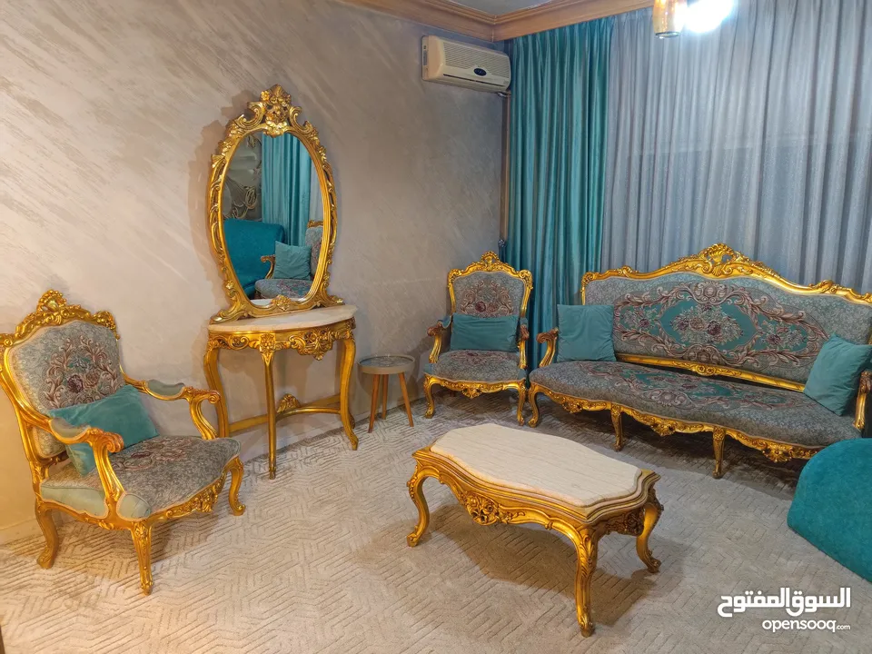 خشب زان طقم كنب فاخر بلون (فيروزي +ذهبي)مصري خشب زان