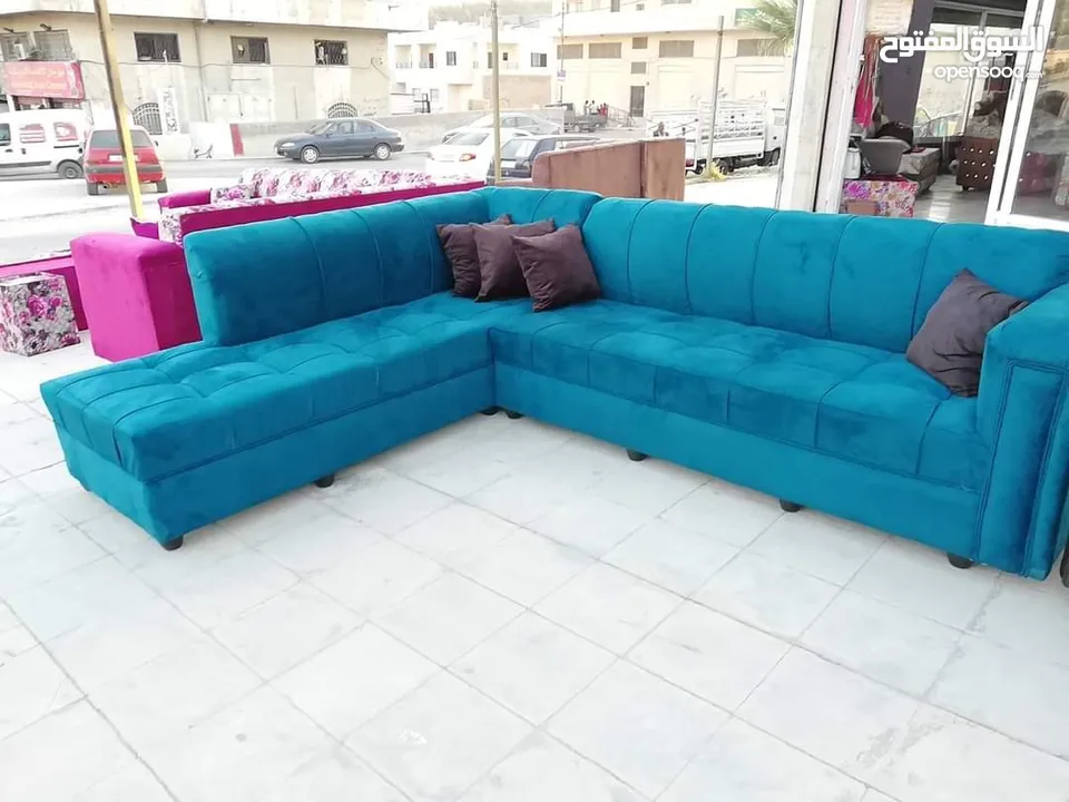 تنجيد كورنر حرف L مع كنبة مزدوجة مع إمكانية اختيار الاقمشة والألوان والتفصيل حسب الطلب