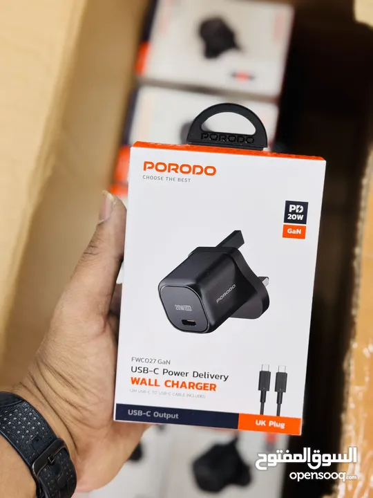 PORODO  DUAL PORT  WALL CHARGER  PD 20w QC 18w 1.2m  usb-c to usb-c   شاحن USB-c to lightning cable