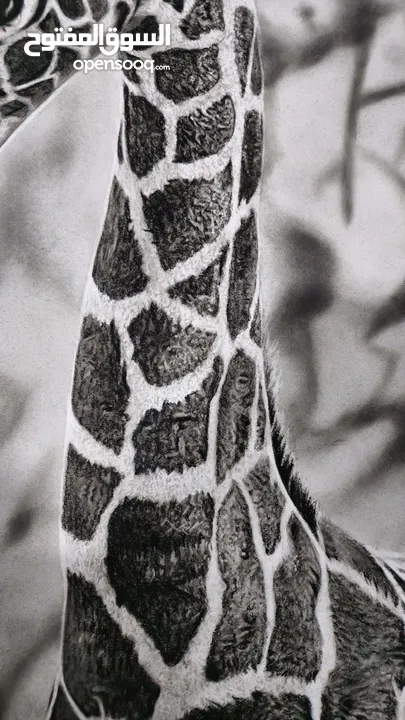 رسم قلم أسود واقعي للغاية لأم الزرافة وحب الطفل Hyperrealistic black pen drawing of a giraffe