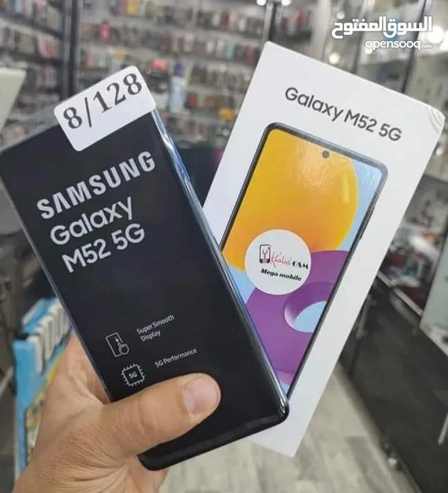 Samsung M52 5G رام 8 جيجا 128  أغراضة والكرتونه الأصلية مكفول متوفر توصيل