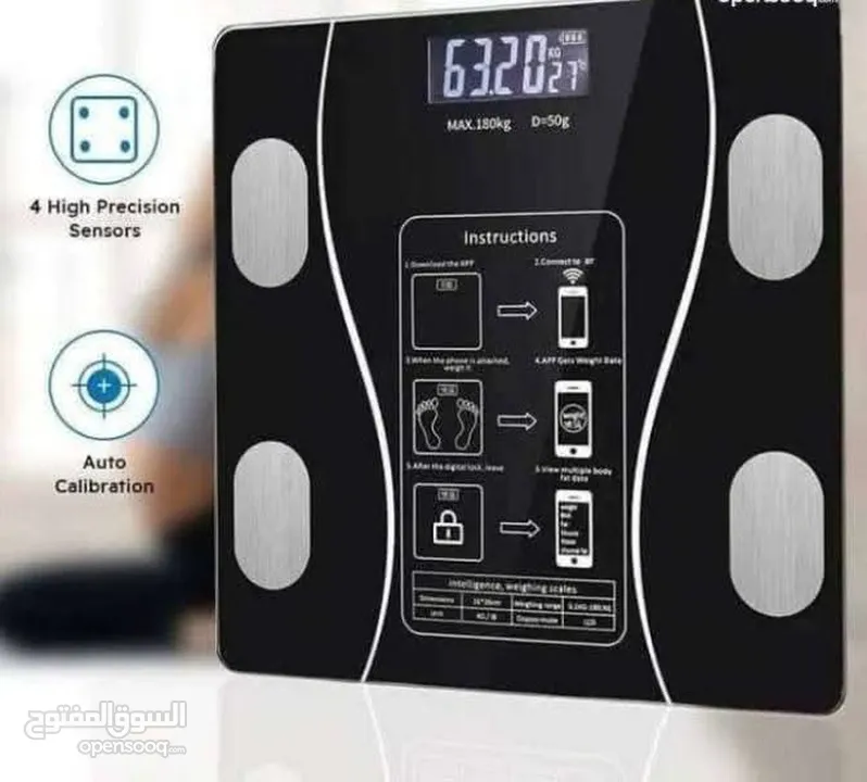 ميزان ديجيتال بلوتوث مع خاصية قياس الوزن، نسبة الدهون، العضلات، والمؤشرات الحيوية بالجسم
