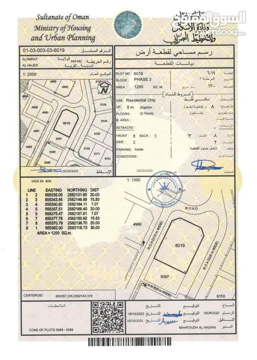 انا المالك / للبيع ارض سكنية كورنر في العامرات / الحاجر 1200 متر مربع