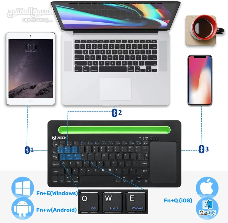 كيبورد بلوتوث للموبايل والايباد والكمبيوتر Bluetooth Keyboard for ipad, Multi-Device Wireless Keyboa