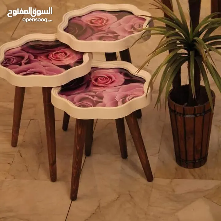 طاولات سرفيس 3D  زجاج حجم الكبير قطر 40سم نظام تركي  متوفر الوان  3 قطع