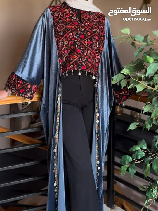 Dark Navy Abaya with Traditional Red Palestinian Embroidery - Free Size