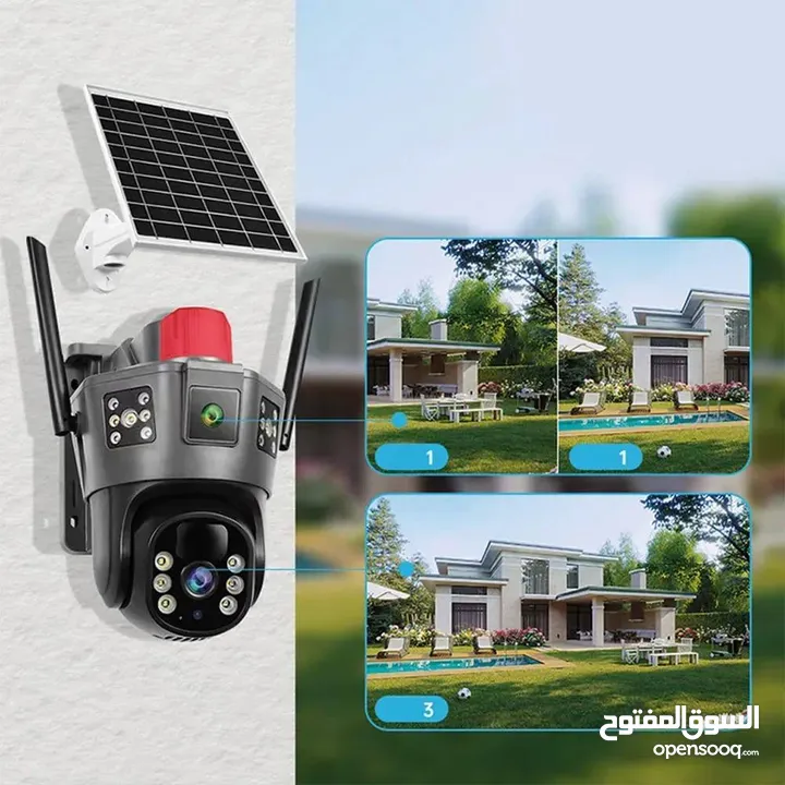 كاميرا طاقة الشمسية 3 عدسات مع انذار