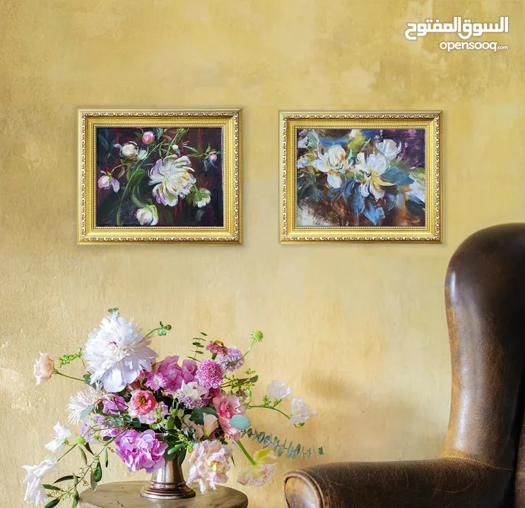 لوحتين طبيعة صامتة ورد، لوحات زيتية لديكور المنزل الراقي