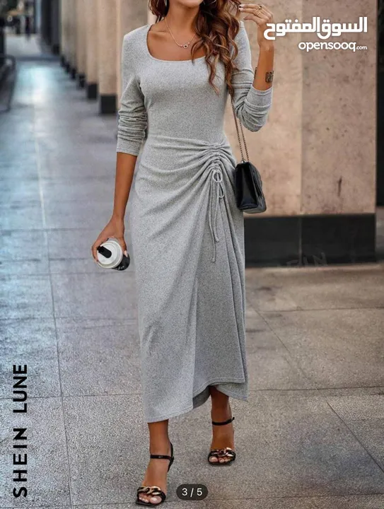 New Women’s Square Neckline Pleated Grey Dress / S