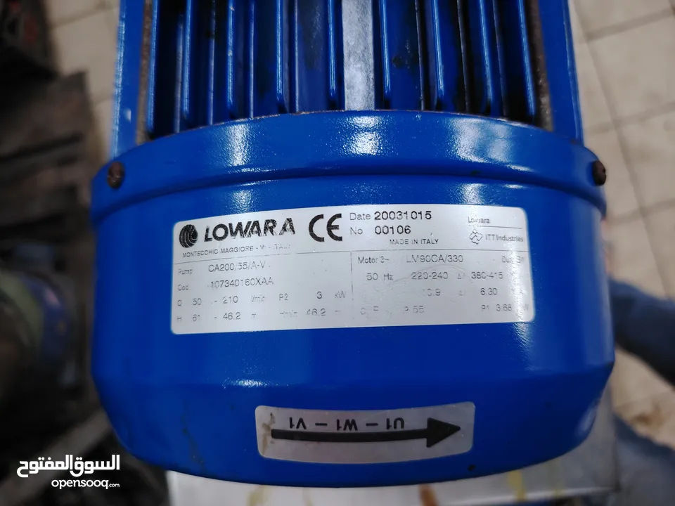 مضخه لوارا إيطالي 3فاز أستعمال شهر تعمل على الماء البارد والحار 4حصان +محبس 2أنش وسنوليويت عدد2