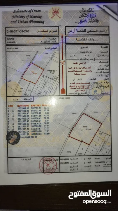 ارض زراعية مساحتها 6000 متر مربع تقريبا فيها 2000 متر مربع ارض فضا و2000 متر مربع مزروعه. في 4 غرف م