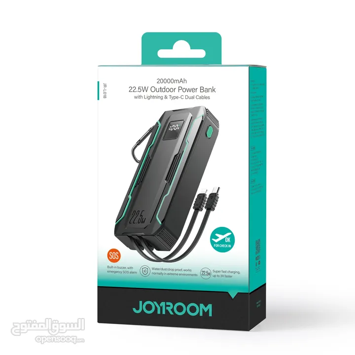 باور بانك جويروم JOYROOM JR-L017 – شحن فائق السرعة مع كابلات مدمجة وضوء طوارئ SOS