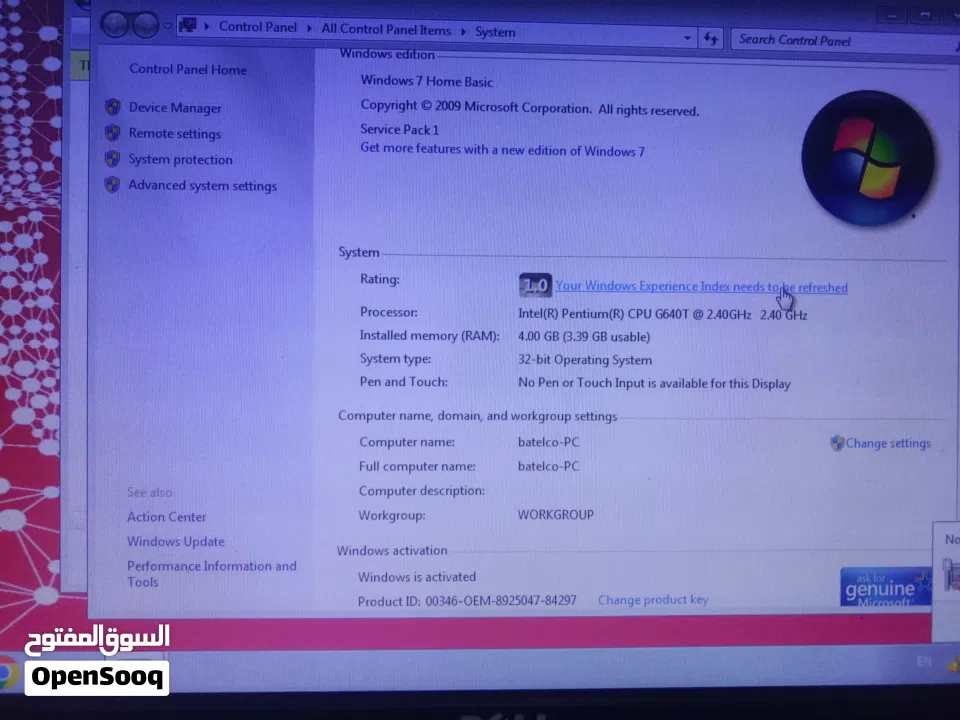 windows 7 good condition 1,cpu 2,monitor 3, hp original key board 5,pc all cables, with 4gbram