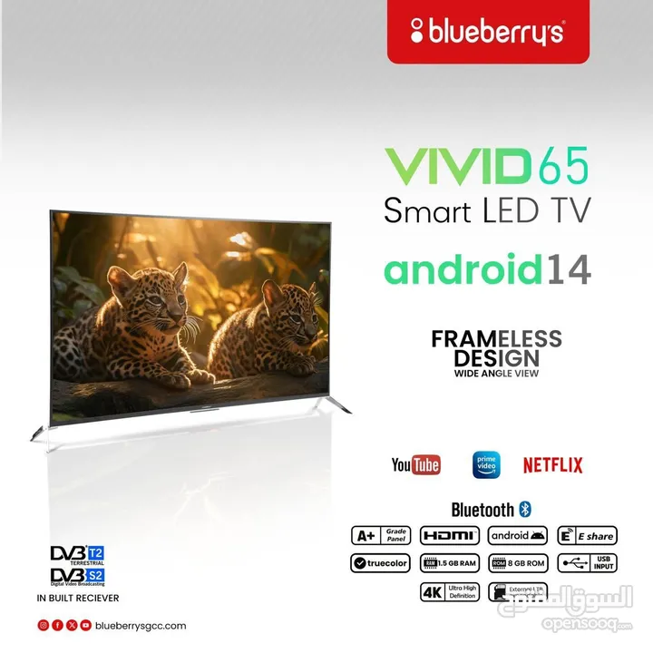 تلفزيون VIVID65 بوصة ذكي 4K Android 14 أفضل جودة وأفضل سعر وضمان لمدة عام واحد.