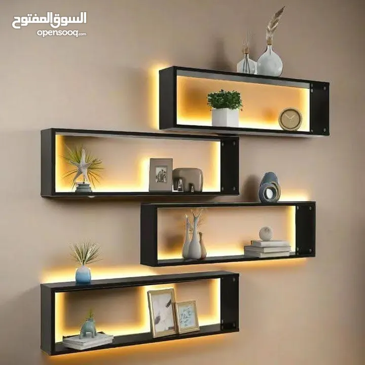 رفوف خشب شاشه ومطبخ وحمام وديكور حائط وستاند مكياج وجلاتين وكتب وصيدليه ومطبخ وغيره