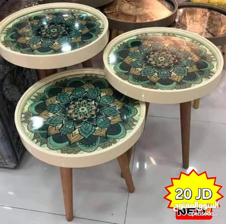طاولات سرفيس 3D  زجاج حجم الكبير قطر 40سم نظام تركي  متوفر الوان  3 قطع