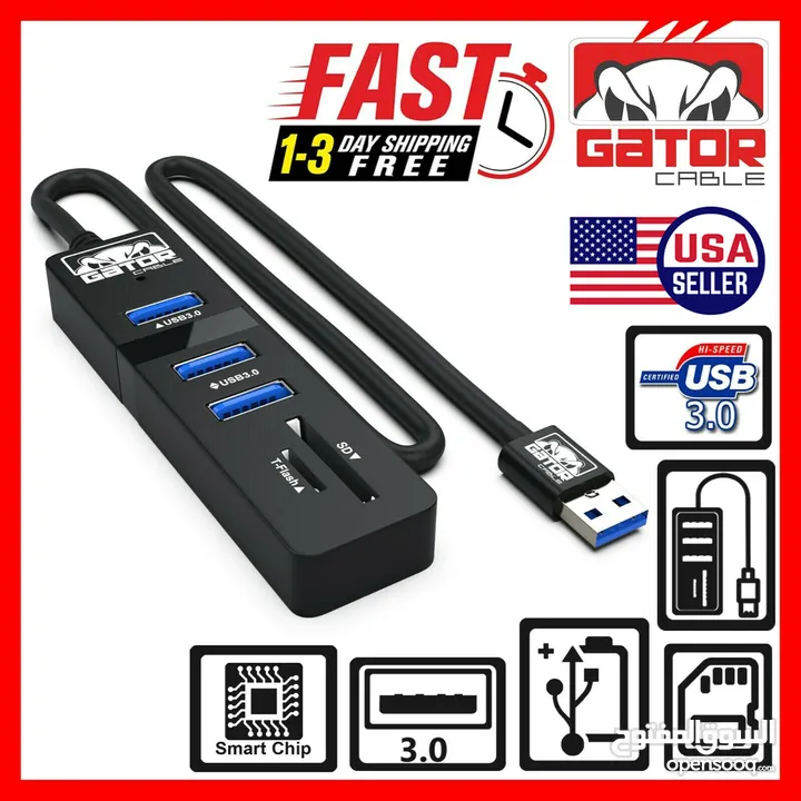 USB 3.0 Hub 3 Port Charger Data Sync SD TF Card Reader for PC Mac Laptop Desktop