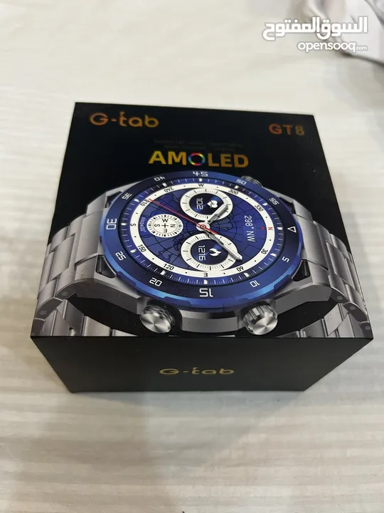 ساعة G-tab GT8 سمارت AMOLED لون أسود مع كستك معدن، عرض مميز ونظافة شبه جديدة بسعر ممتاز
