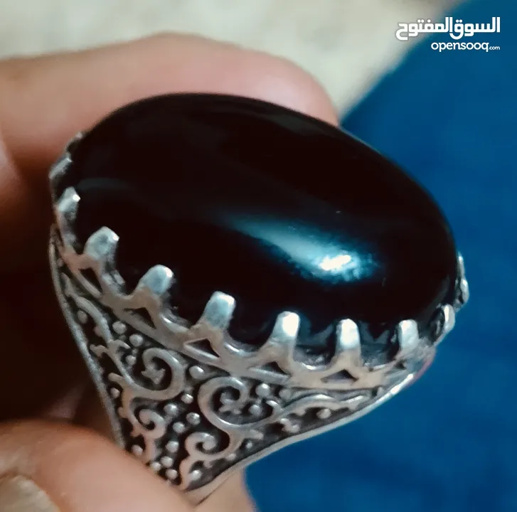 خاتم فضه يمني حجر عقيق اصلي حجم كبير جدا دفش
