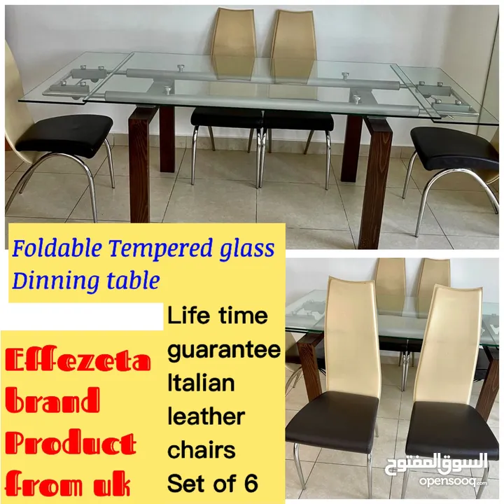 Uk product Italian leather chairs with foldable tempered glass table
