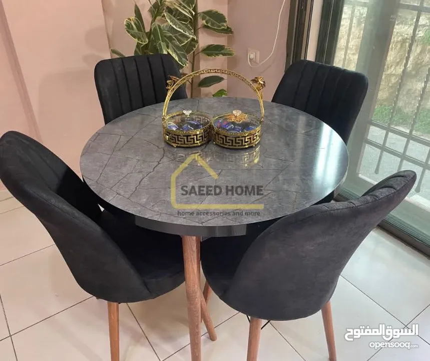 طاولة سفرة دائرية مع 4 كراسي سطح الطاولة خشب ملبس فورمايكا – مقاوم للخدوش وسهل التنظيف