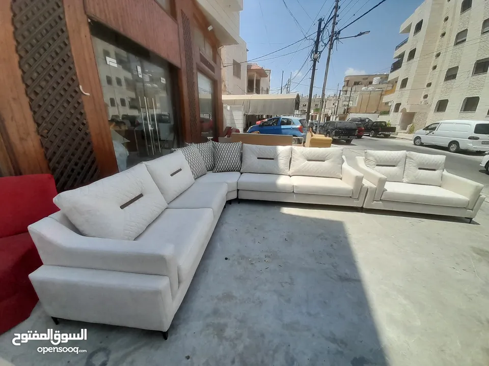 طقم كورنر فاخر جديد لغرفة جلوس او غرفة ضيوف حرف L مع ثنائية