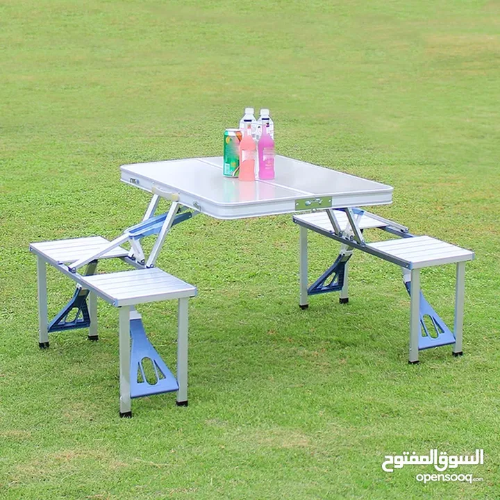 طاولة الألمنيوم للرحلات قابلة للطي تحتوي على 4 مقاعد ل اربع اشخاص طاولة الالمنيوم سهلة الحمل و النقل